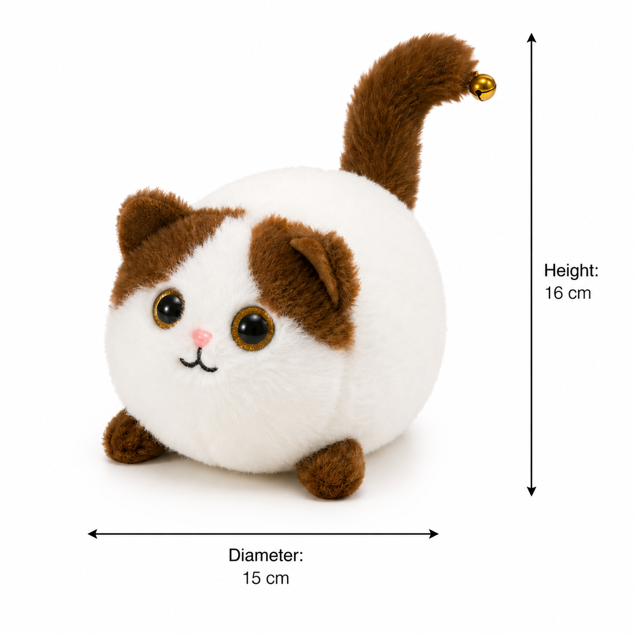 A round white and brown plush kitten toy with large eyes, a small pink nose, and a curled tail, shown on a white background with dimension arrows and text indicating height 16 cm and diameter 15 cm.