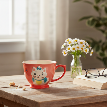 A ceramic coffee mug with a coral pink exterior, a bright red handle and base, and a white cat character design with a blue bow and scarf on the front.