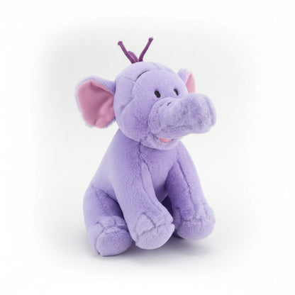 A small purple plush elephant toy with pink inner ears and a purple trunk, sitting on a white background.