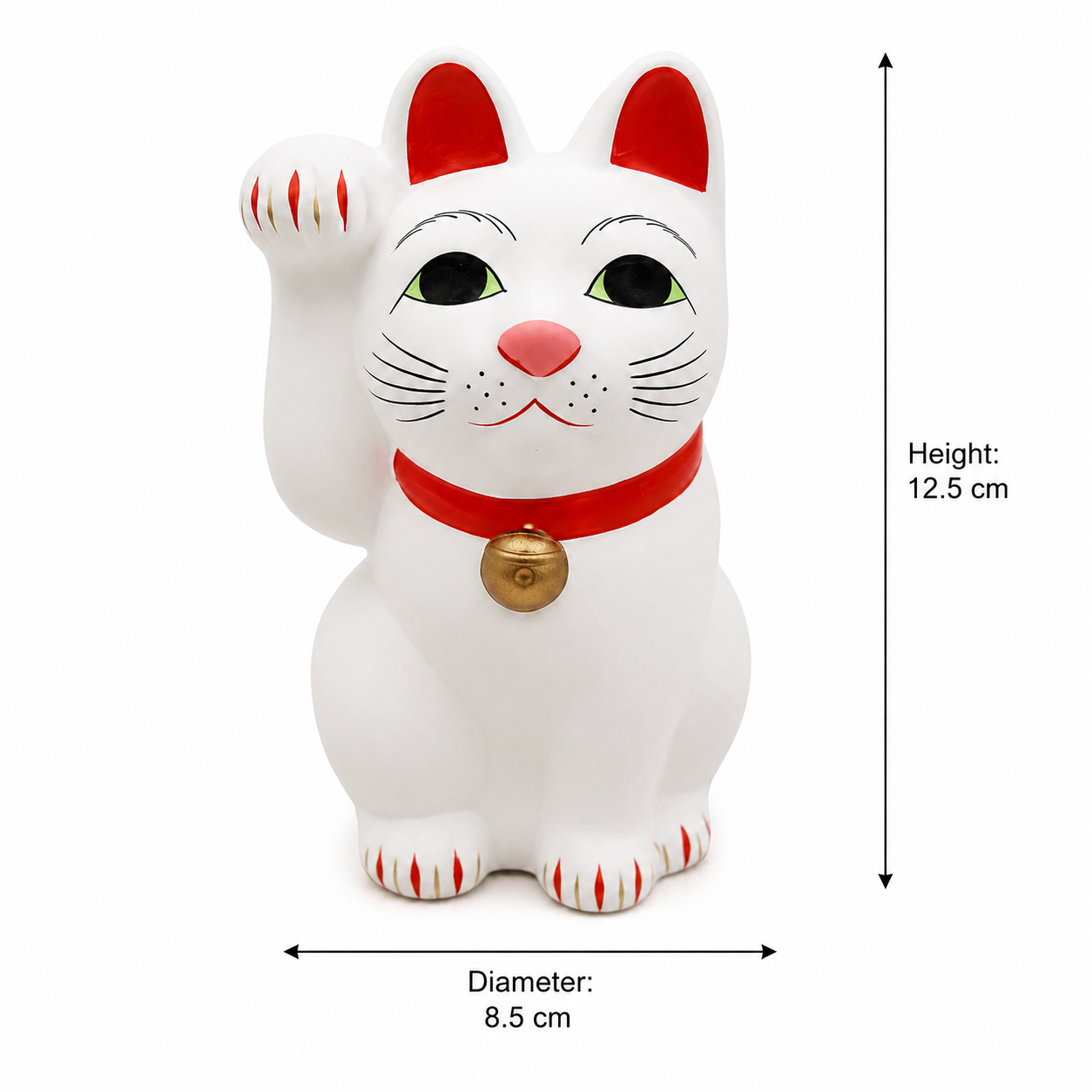 White ceramic lucky cat figurine with red ears, red collar, green eyes, pink nose, and a gold bell, shown with dimension markers indicating height 12.5 cm and diameter 8.