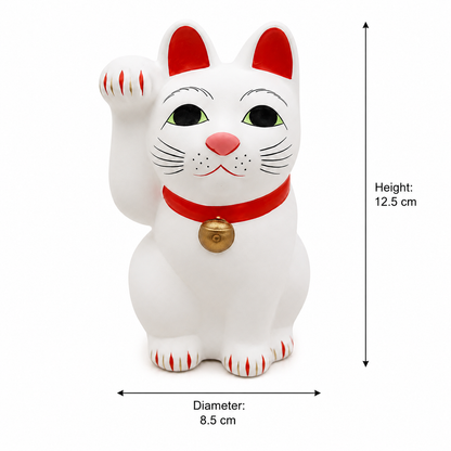 White ceramic lucky cat figurine with red ears, red collar, green eyes, pink nose, and a gold bell, shown with dimension markers indicating height 12.5 cm and diameter 8.